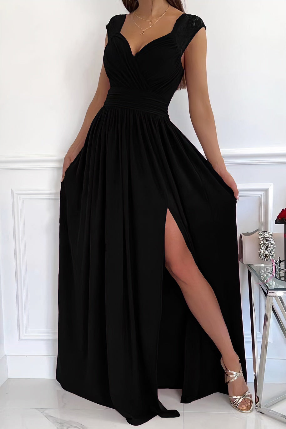 Sleeveless lace backless hem slit dress