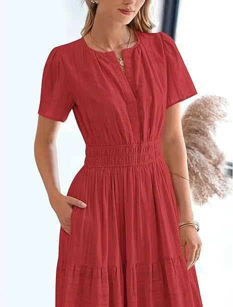 lusailstore - v-neck pleated puff sleeve dress black