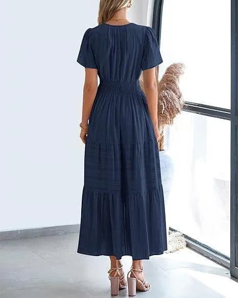lusailstore - v-neck pleated puff sleeve dress black