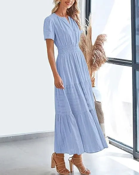 lusailstore - v-neck pleated puff sleeve dress black