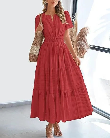 lusailstore - v-neck pleated puff sleeve dress black