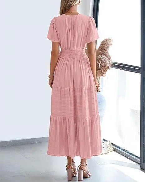 lusailstore - v-neck pleated puff sleeve dress black