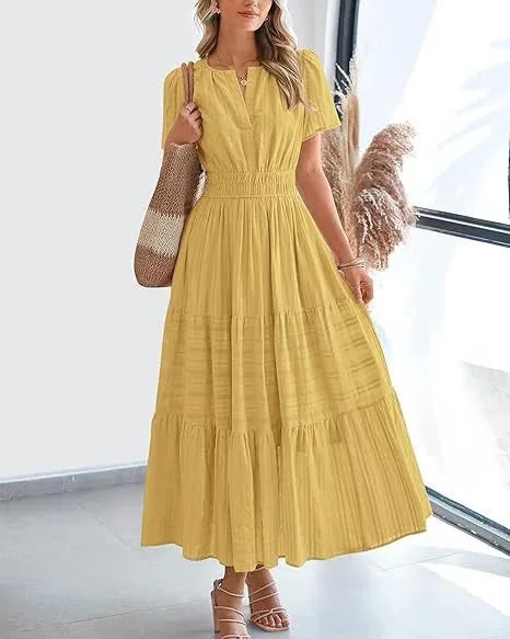 lusailstore - v-neck pleated puff sleeve dress black