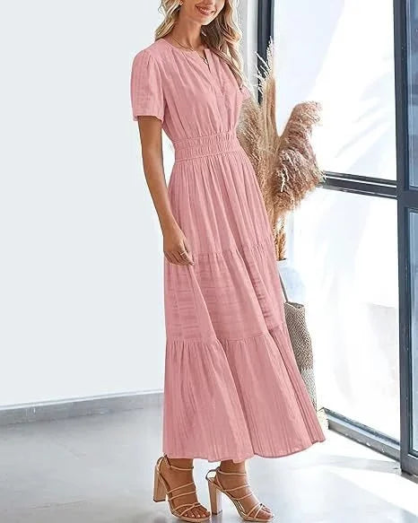 lusailstore - v-neck pleated puff sleeve dress black