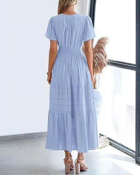 lusailstore - v-neck pleated puff sleeve dress black