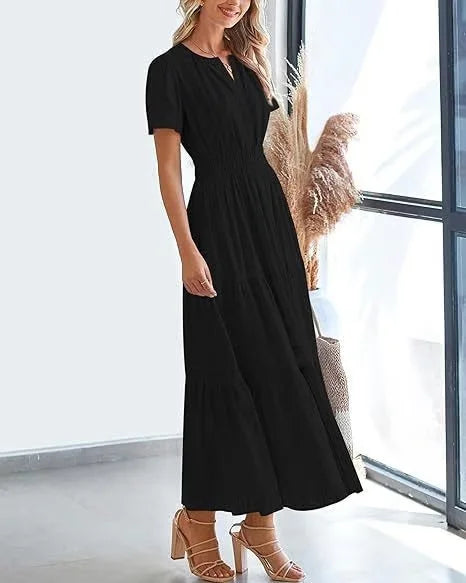 lusailstore - v-neck pleated puff sleeve dress black