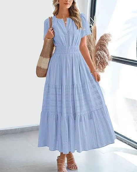 lusailstore - v-neck pleated puff sleeve dress black