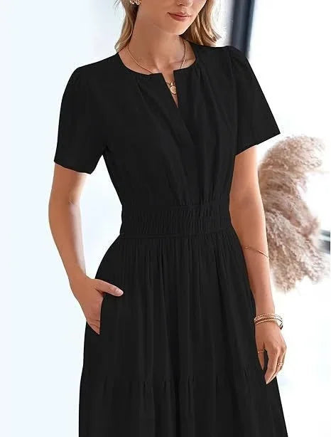 lusailstore - v-neck pleated puff sleeve dress black