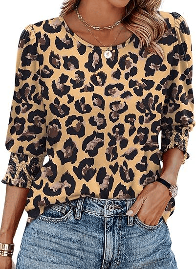 Hot Sale-Women Dressy Casual 3/4 Length Sleeve Blouses with Smocked Cuffs