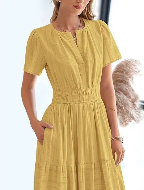 lusailstore - v-neck pleated puff sleeve dress black