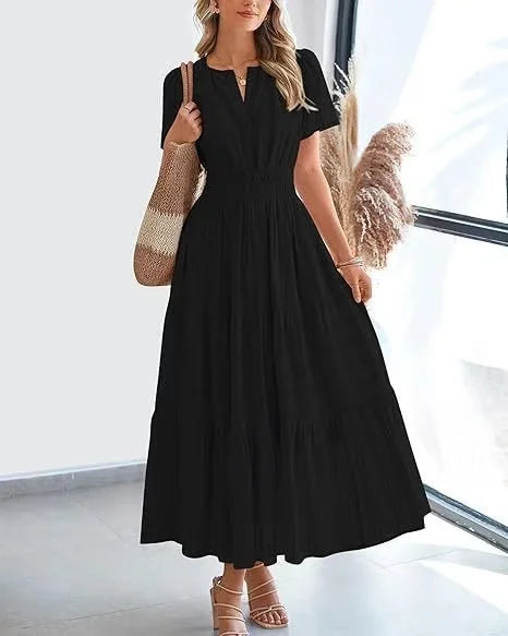 lusailstore - v-neck pleated puff sleeve dress black