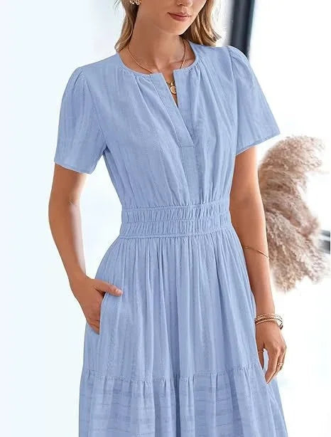 lusailstore - v-neck pleated puff sleeve dress black