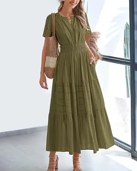 lusailstore - v-neck pleated puff sleeve dress black