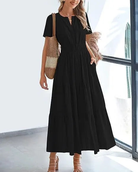 lusailstore - v-neck pleated puff sleeve dress black