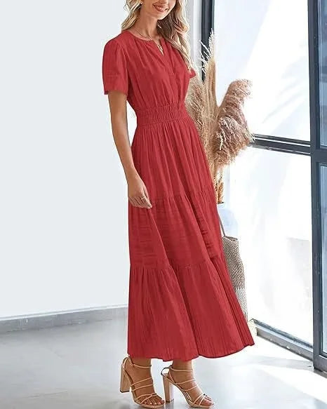 lusailstore - v-neck pleated puff sleeve dress black