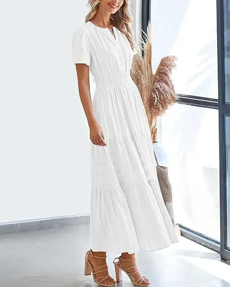 lusailstore - v-neck pleated puff sleeve dress black