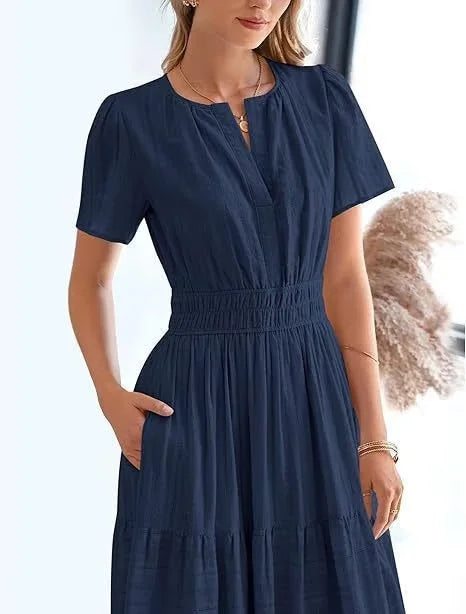 lusailstore - v-neck pleated puff sleeve dress black