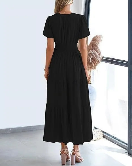 lusailstore - v-neck pleated puff sleeve dress black