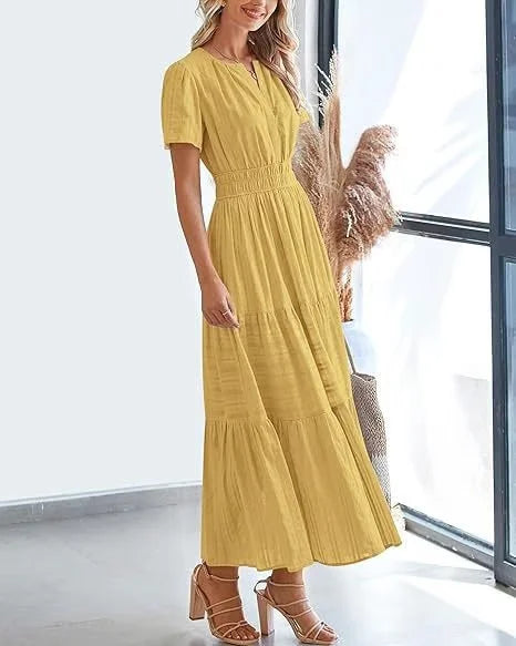 lusailstore - v-neck pleated puff sleeve dress black