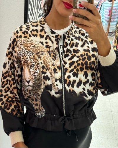 Leopard print drawstring bomber jacket