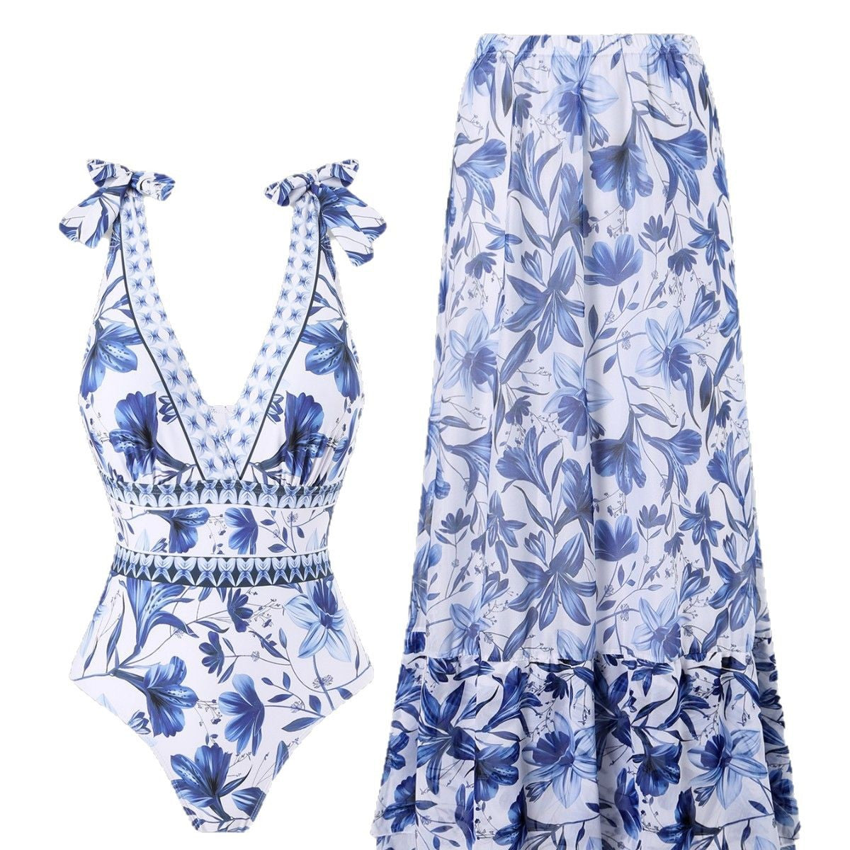 lusailstore - blue and white porcelain swimsuit wrap skirt suits