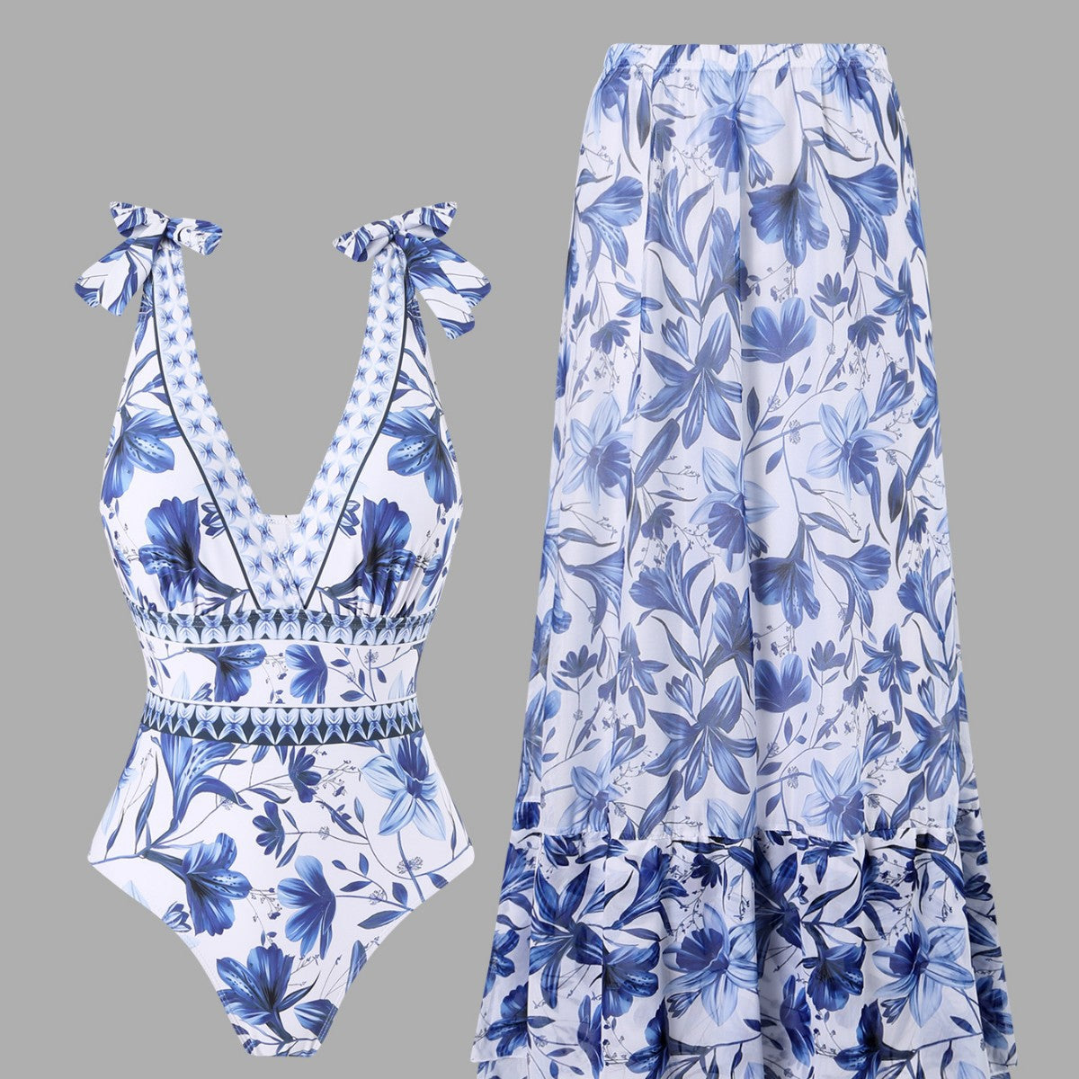 lusailstore - blue and white porcelain swimsuit wrap skirt suits