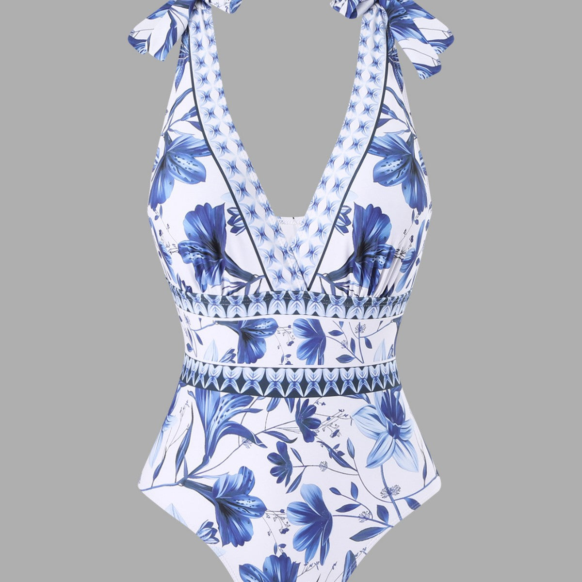 lusailstore - blue and white porcelain swimsuit wrap skirt suits