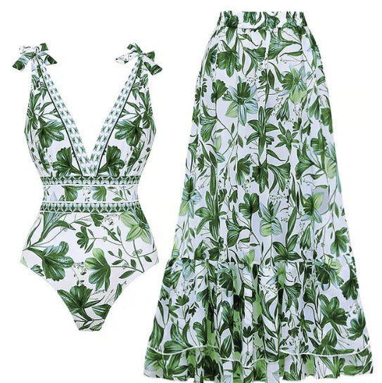 lusailstore - blue and white porcelain swimsuit wrap skirt suits