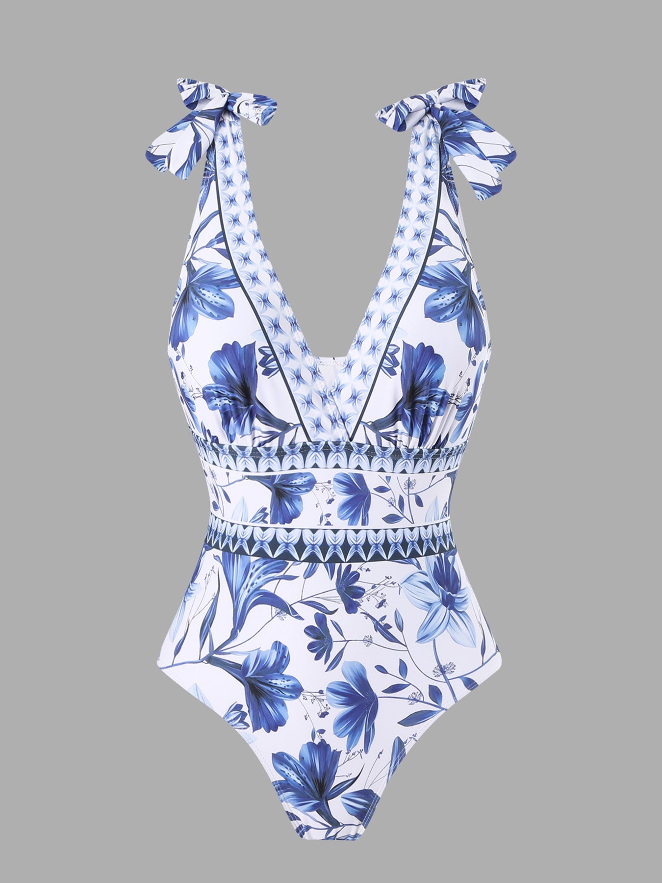 lusailstore - blue and white porcelain swimsuit wrap skirt suits
