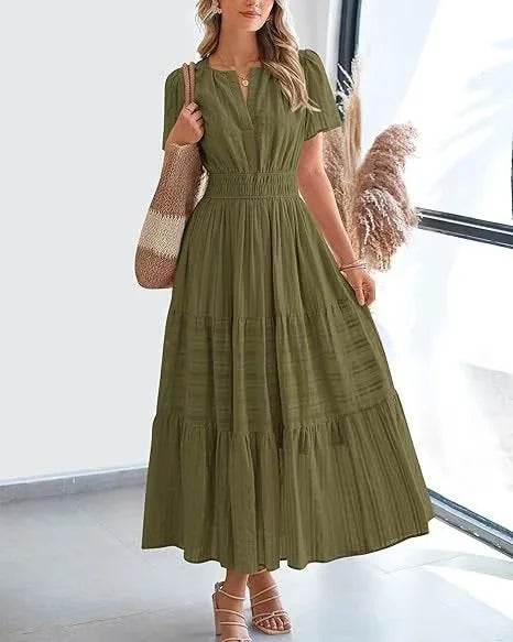 lusailstore - v-neck pleated puff sleeve dress black