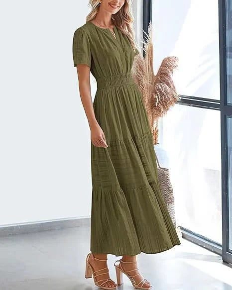 lusailstore - v-neck pleated puff sleeve dress black
