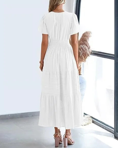 lusailstore - v-neck pleated puff sleeve dress black