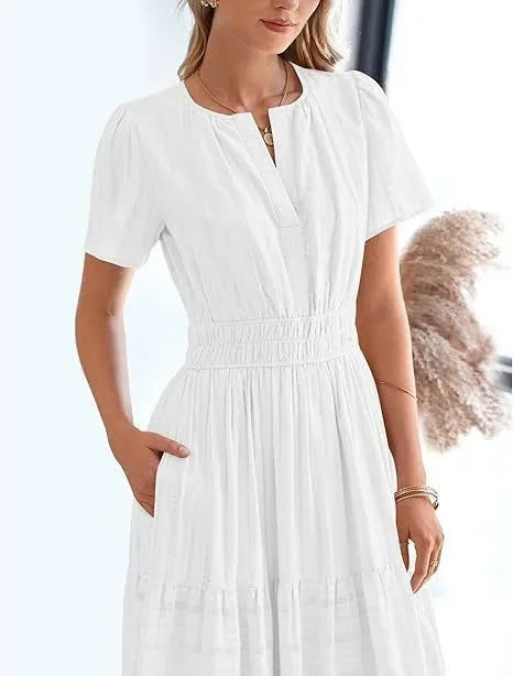 lusailstore - v-neck pleated puff sleeve dress black