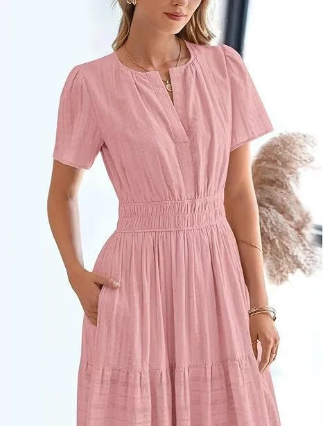 lusailstore - v-neck pleated puff sleeve dress black