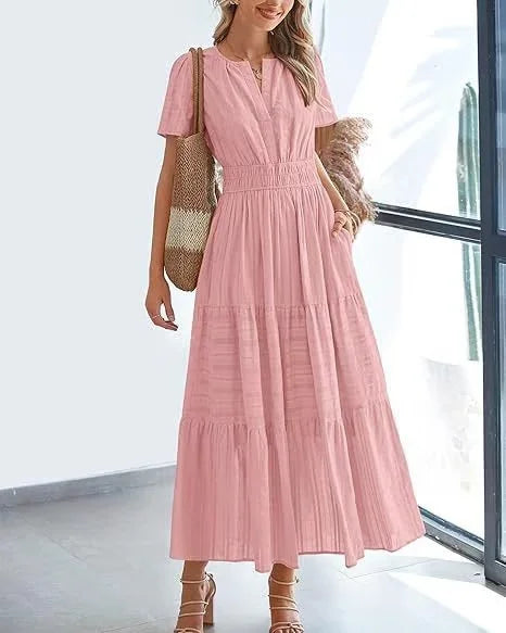 lusailstore - v-neck pleated puff sleeve dress black