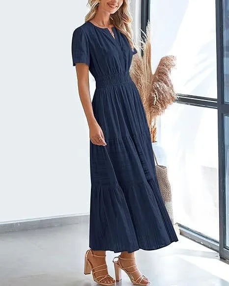 lusailstore - v-neck pleated puff sleeve dress black