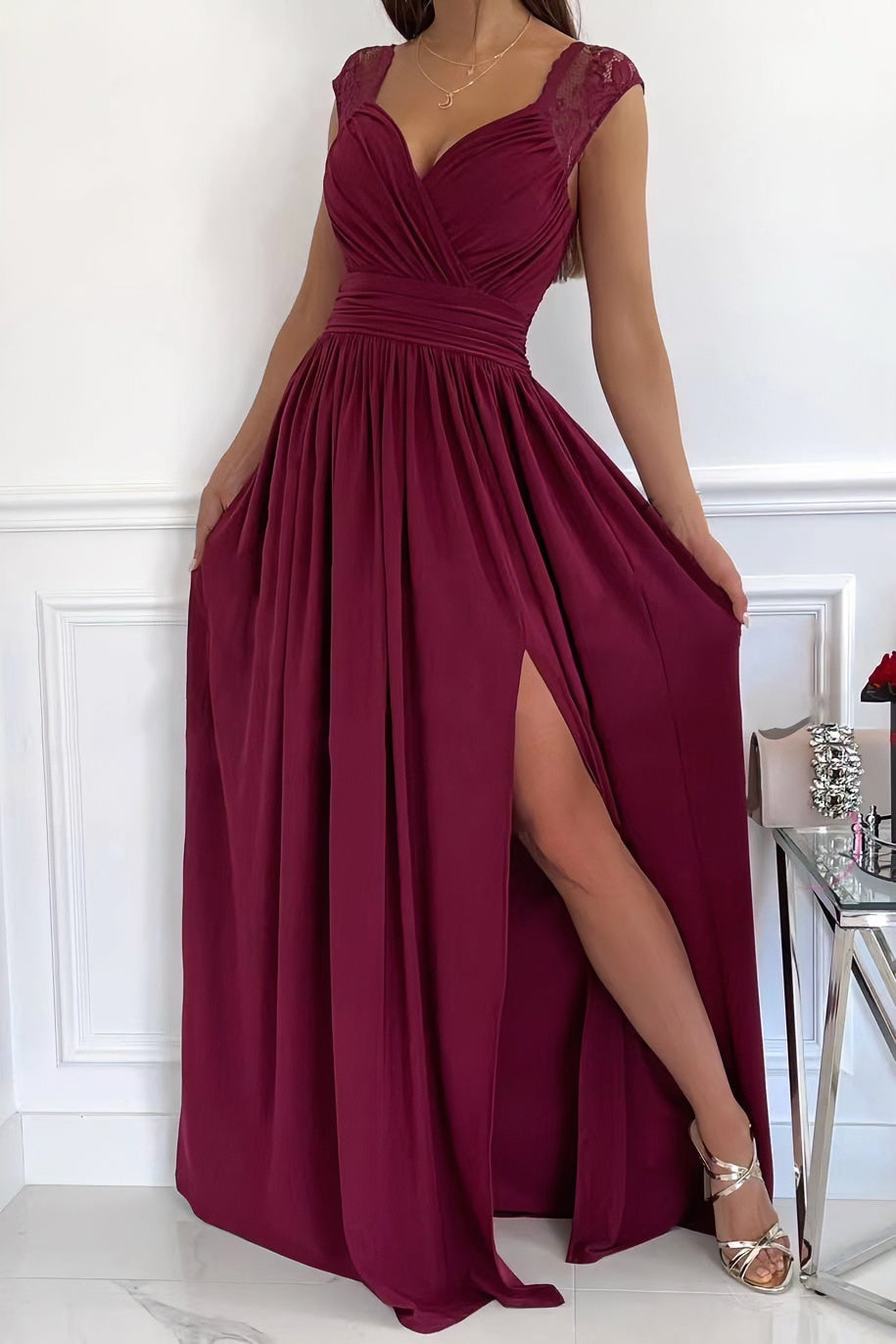 Sleeveless lace backless hem slit dress