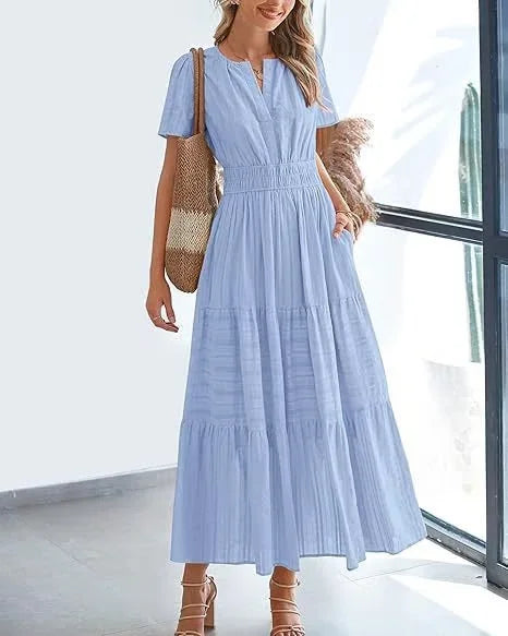lusailstore - v-neck pleated puff sleeve dress black