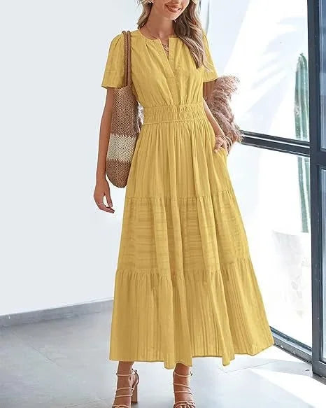 lusailstore - v-neck pleated puff sleeve dress black