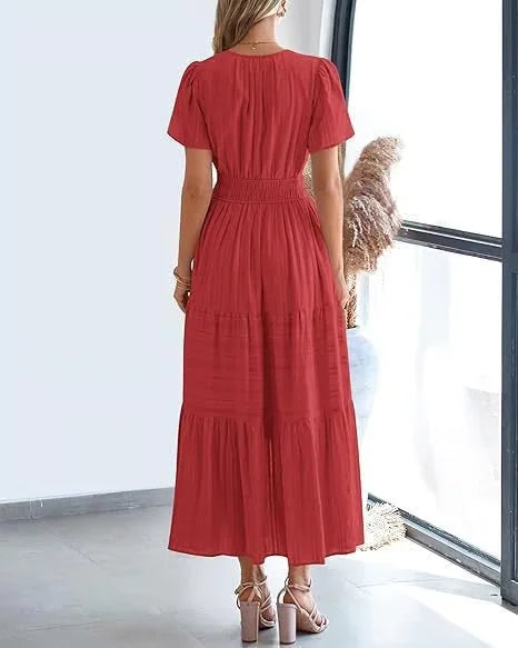 lusailstore - v-neck pleated puff sleeve dress black