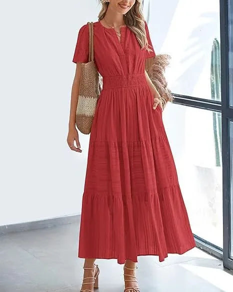 lusailstore - v-neck pleated puff sleeve dress black