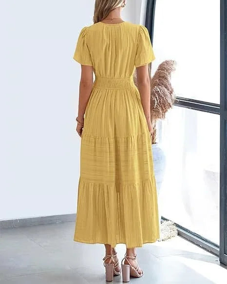 lusailstore - v-neck pleated puff sleeve dress black