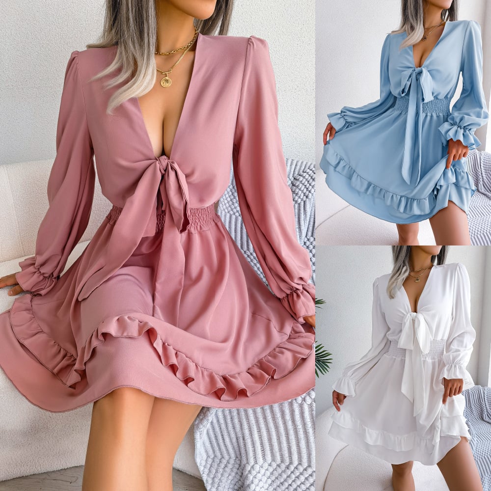 Women's short V-neck mini lace vacation loose sexy dress