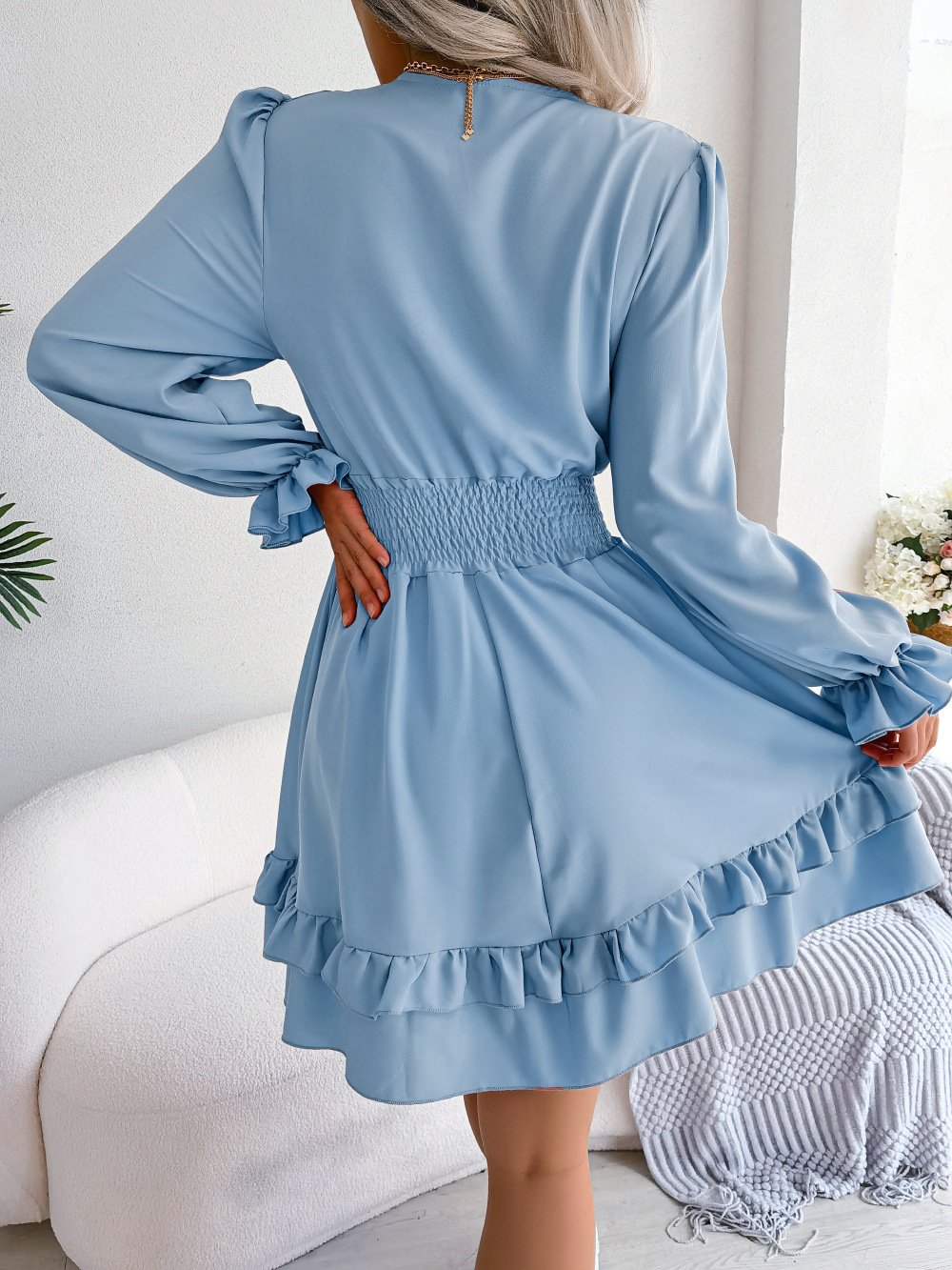 Women's short V-neck mini lace vacation loose sexy dress