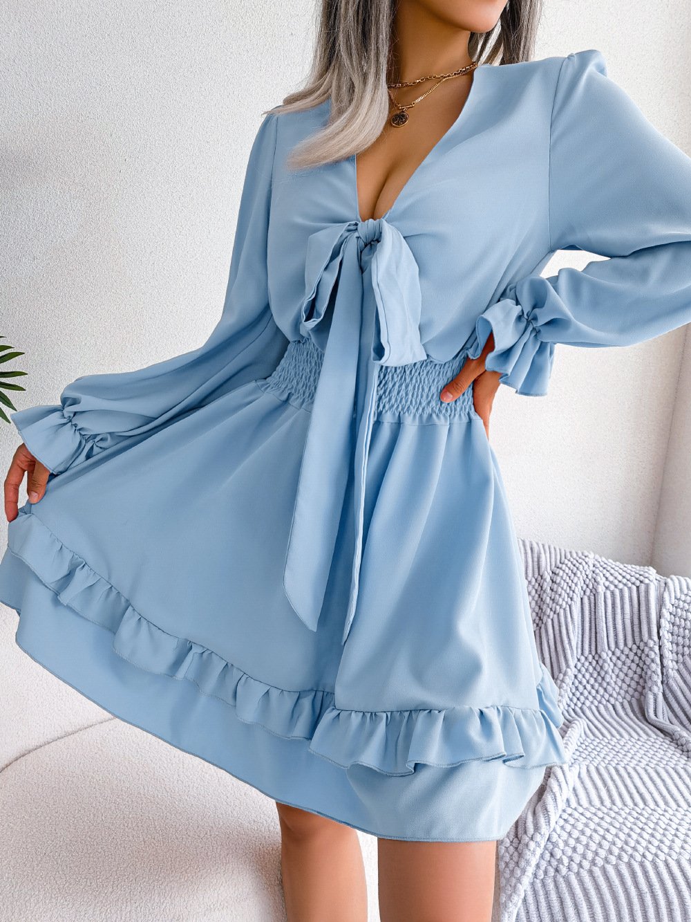 Women's short V-neck mini lace vacation loose sexy dress
