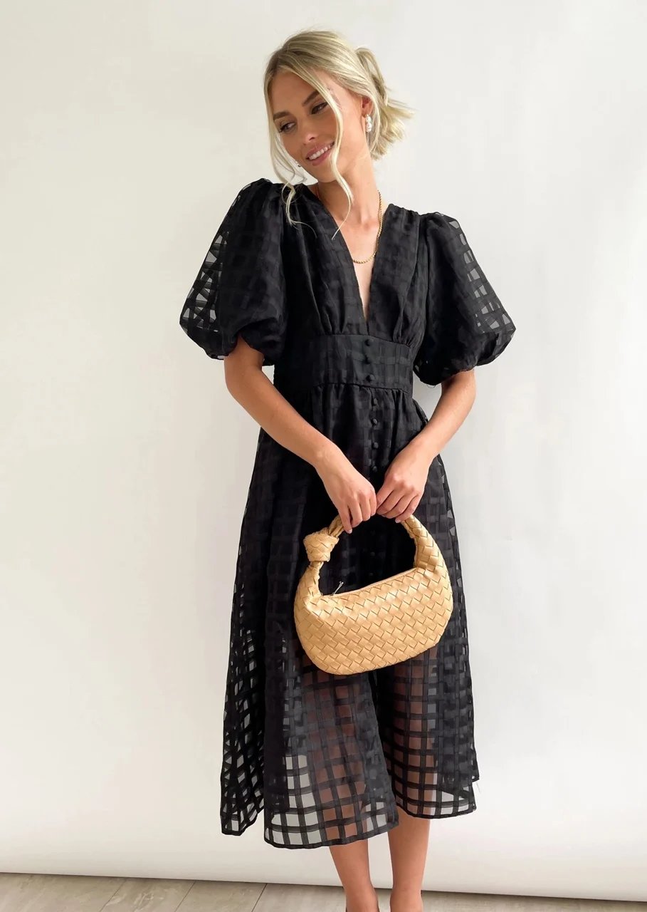 🔥Time-limited promotion 49% OFF🔥 Beauty Square Patterned Fabric Puff Sleeve Midi Dress