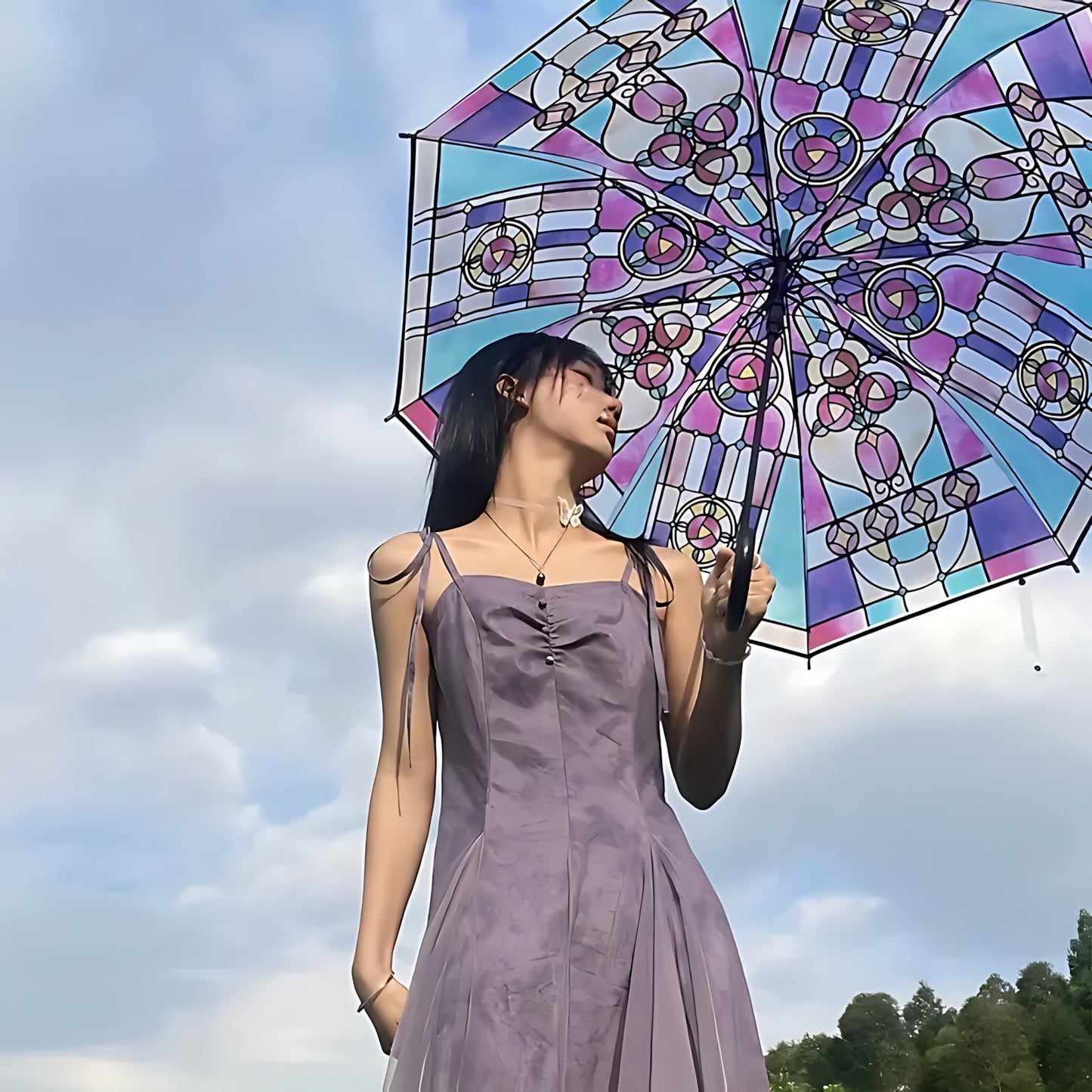 Hellohobot - Vintage Stained Glass Automatic Umbrella