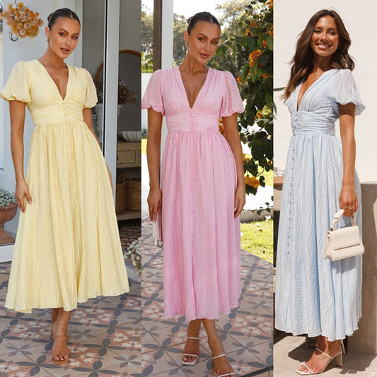 🔥Hot sale🔥Rustic V Neck Button Zip Pleated Slit Puff Sleeve Maxi Dress