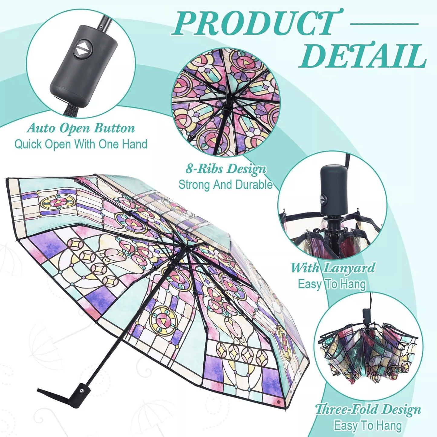 Hellohobot - Vintage Stained Glass Automatic Umbrella