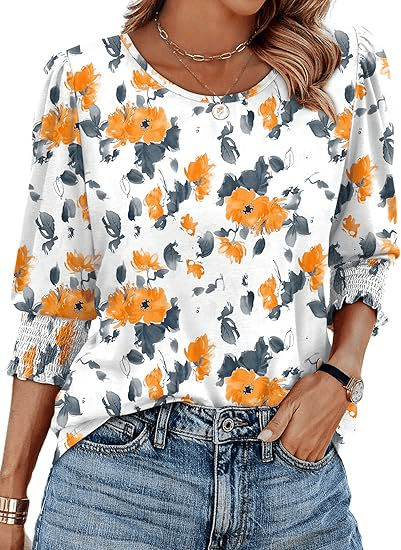 Hot Sale-Women Dressy Casual 3/4 Length Sleeve Blouses with Smocked Cuffs